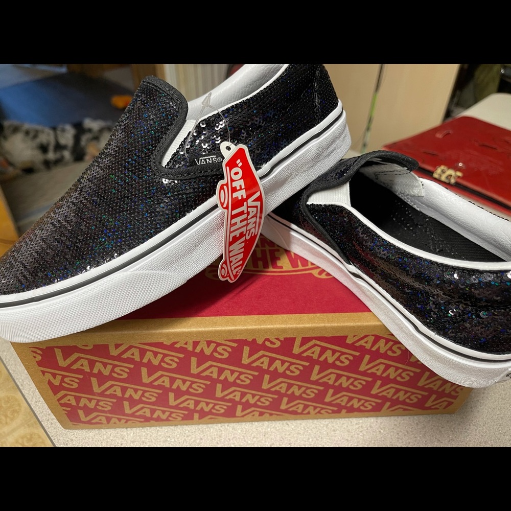 Black sequined vans classic slip on